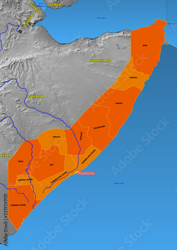 Administrative and political colored vector Map of Somalia with colourful regions and Capital and neighboring Countries