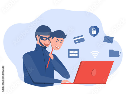 Criminal hacker holding friends mask for hacking on laptop screen stealing money ,cyber crime, theft of personal data, password, credit card flat vector illustration.