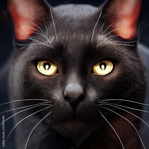 A close-up of a black cat's eyes on a black background. Halloween and horror atmospheres are portrayed. Evil eyes of panthers and witches. unlucky and superstition concepts. 3D illustration.