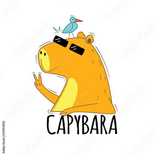 Water pig capybara with glasses. Vector stock illustration.