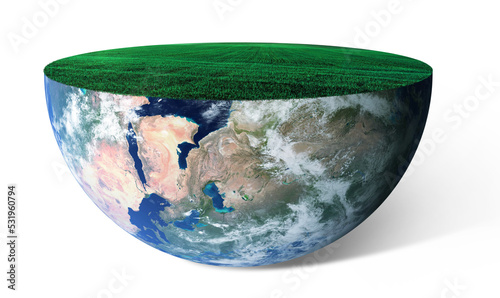 Half of the planet Earth with grass. Concept of the ecology of the planet. Creative idea 