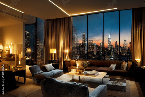 Concept art illustration of luxury penthouse living room interior in New York city