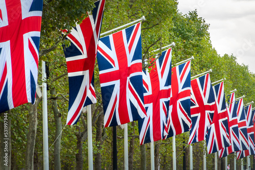 The Mall decked out with UK flags in London, United Kingdom holiday national celebration, King coronation or funeral