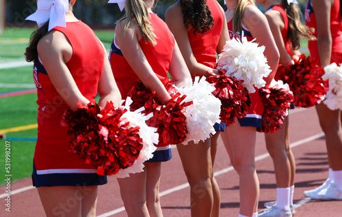 Rear view of cheerleaders on the sideline with their pom poms
