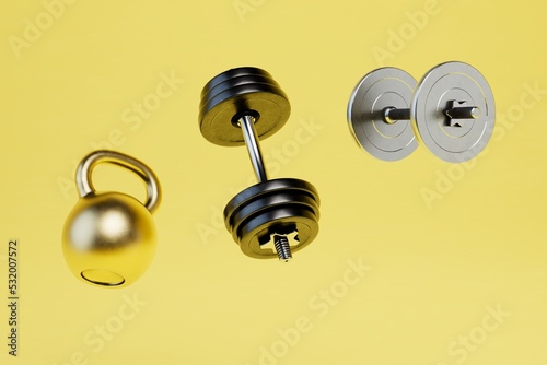 active participation in power sports. kettlebells and dumbbells on a yellow background. 3D render