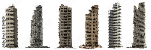 set of ruined skyscrapers, tall post-apocalyptic buildings isolated on white background