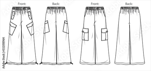 Vector woman fleece jogger technical drawing, utility style pants with waistband and side pockets detail fashion CAD, template, sketch, flat. Woman trousers with front, back view, white colour