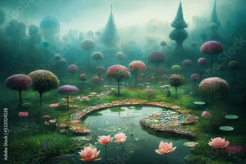 fairyland with fantasy trees and vegetation and little pond, digital art