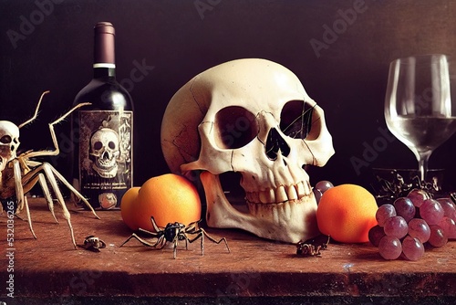 Asbstract still life with vintage skull on antique table with candle, fruit, wine and spiders. 3D render