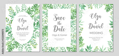 Greenery wedding invitation template. Invite card with place for text. Floral frame with sagebrush and wild herbs. Vector illustration.