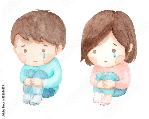 ひざをかかえて泣く子供の水彩イラスト 背景透過PNG