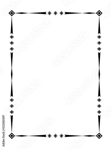Decorative linear frame. Simple geometric border with black strokes, rhombuses and space for text. Design element for digital photo and social media. Cartoon flat vector illustration in doodle style