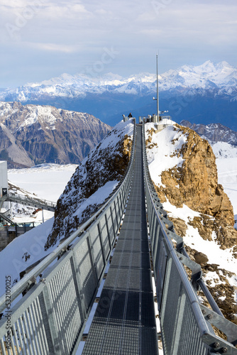  Peak Walk at Glacier 3000 in Switzerland. It is the world's first suspension bridge connecting two mountain peaks.