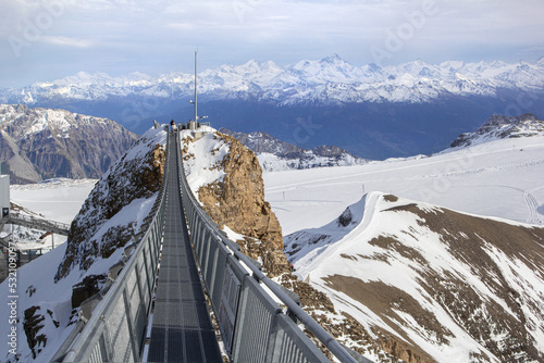Peak Walk at Glacier 3000 in Switzerland. It is the world's first suspension bridge connecting two mountain peaks.