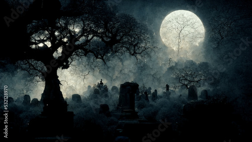 Horror cemetery at night.Digital art