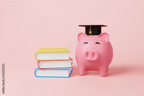 Piggy bank with black graduation cap and stacking book on pink background. Money savings, invest in education or knowledge concept. Financial planning, bank loan for kid tuition cost. 3d rendering