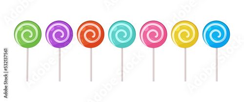 Lollipop vector icon, swirl and spiral candy on stick. Cartoon sweet set isolated on white background. Colorful illustration