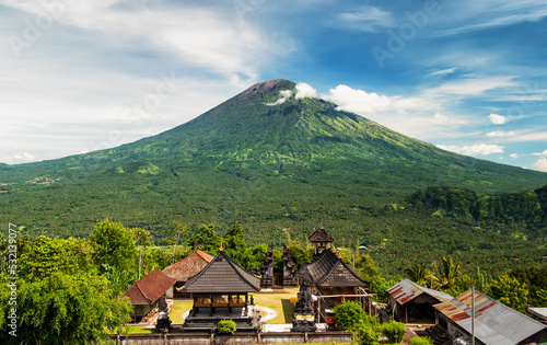 Ancient asian temple in Mountains. Bali Indonesia, mount Agung view from Lempuyang Temple