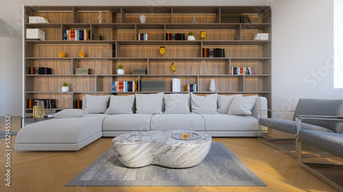 Rendu 3d. d'appartement intérieure avec une bibliothèque, ambiance luxe moderne et confortable.