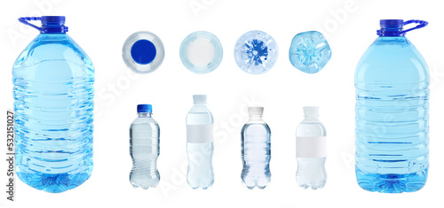 Set of different plastic bottles with pure water on white background. Banner design