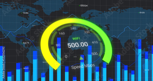 Image of data processing and world map over speedometer