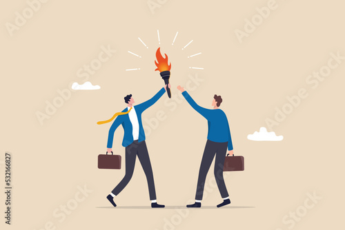 Successor plan, baton pass or transfer to new chosen leader, change new CEO or collaboration to achieve goal and win business competition concept, smart businessman leader passing torch to successor.