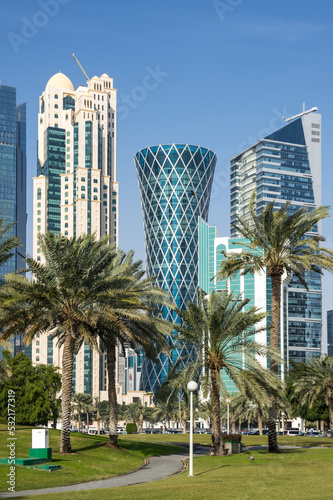 Panoramic view with modern skyscrapers in the centre of Doha
