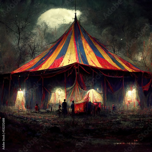 3D rendering of a Big circus tent with red and white colors blending with the lighting