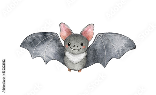 Watercolor halloween cute bat illustration isolated on white background. Animal baby print. Funny cartoon character for fall spooky holiday decoration, invitation, card