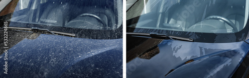 Modern black automobile before and after car washing outdoor.