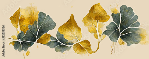  art background with ginkgo leaves in golden line