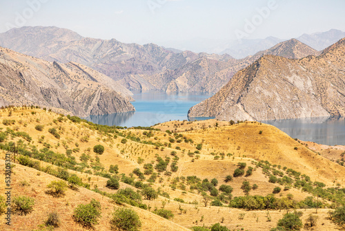 Nurek, Khatlon Province, Tajikistan. Nurek Reservoir on the Kyzylsu River.
