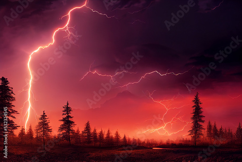 Stromy lighting in the night on landscape. Digital illustration.