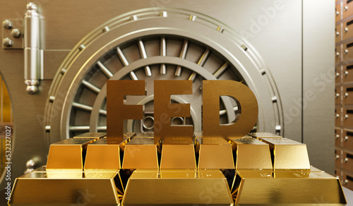 Fed, america finance, The Federal Reserve (FED) cuts low interest rates. world economy crisis, inflation, economy, bank, gold bars, treasury. 3D Render, 3d illustration