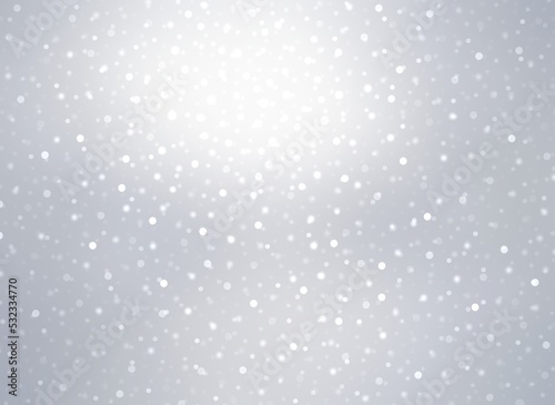 Glittering snow flaying on shiny silver empty background. Shimmer decorative illustration for winter holiday design.