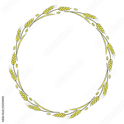 Round frame made of golden wheat or rye ears. Vector autumn wreath, border hand drawn in Doodle flat style, isolated on white background
