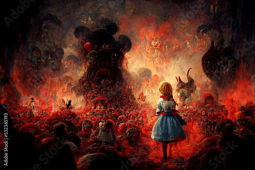 Alice in wonderland, disturbing horror style, halloween, she's in hell with demons. 