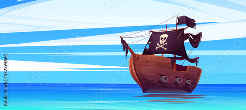 Pirate ship with black flag and and jolly roger on sails. Filibusters battleship with cannons floating on blue ocean water surface. Legend of the seas cartoon game or book scene, Vector illustration