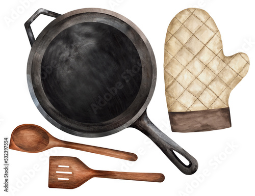 Empty cast iron saucepan, spoon, spatula and potholder