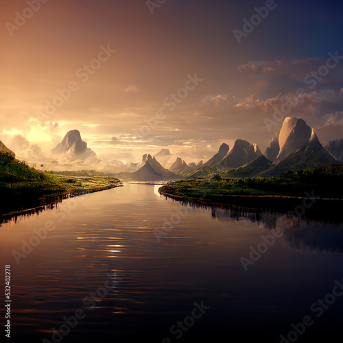 Fantasy mountain landscape with foggy sunset ang river. 3D illustration.