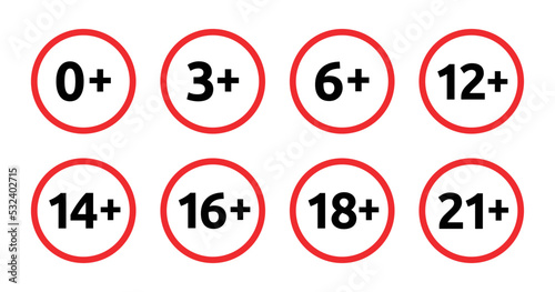 Set of age limit signs. Age restriction content icon vector illustration.