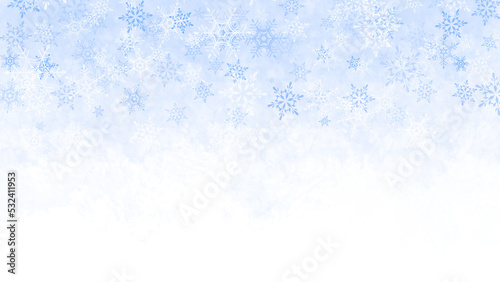 上から降る雪の結晶の背景(ブルー)