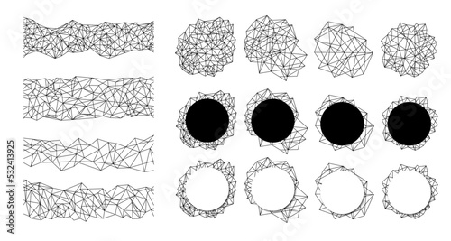 Set de formas abstractas con líneas de render. Formas de red tecnológica o mallas de líneas vectorizadas. Recurso gráfico