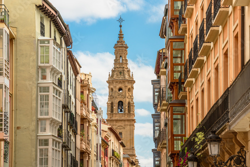 Beautiful cityscape about Logroño city with one of the bell towers of the Cathedral. La Rioja, Spain
