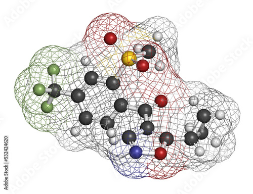 Isoxaflutole herbicide molecule, 3D rendering.