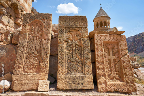 Old carved khachkars in armenian church