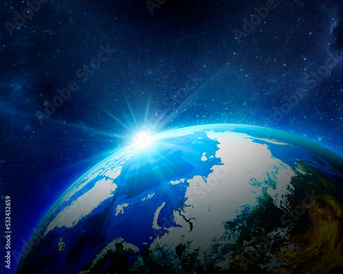 Planet earth globe view from space showing realistic earth surface and world map as in outer space point of view. 3d render