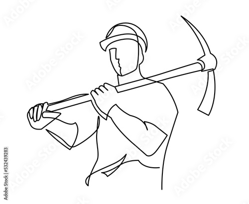 Continuous one line drawing of a coal miner in hardhat with a pickaxe on his shoulder. Strong manly man builder in uniform single line vector illustration