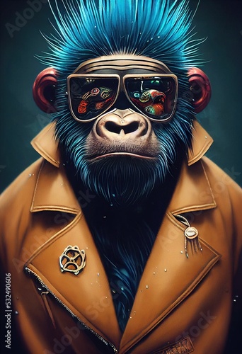 Portrait of a punk monkey. Monkey rock musician. Hipster monkey with a punk hairdo. 3D rendering
