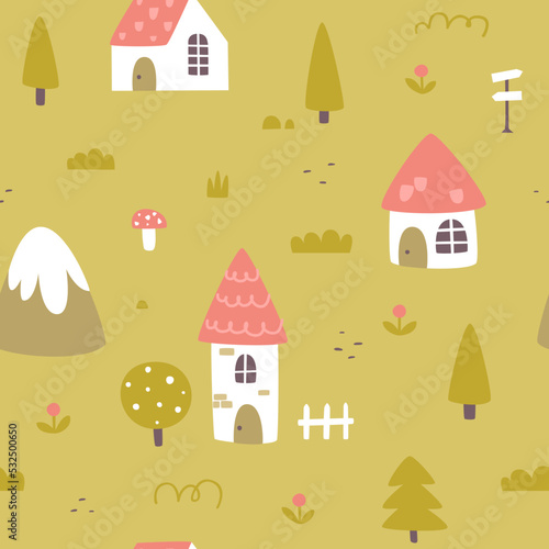 Cute medieval village pattern. Rural map seamless vector print for kids textile and carpets.